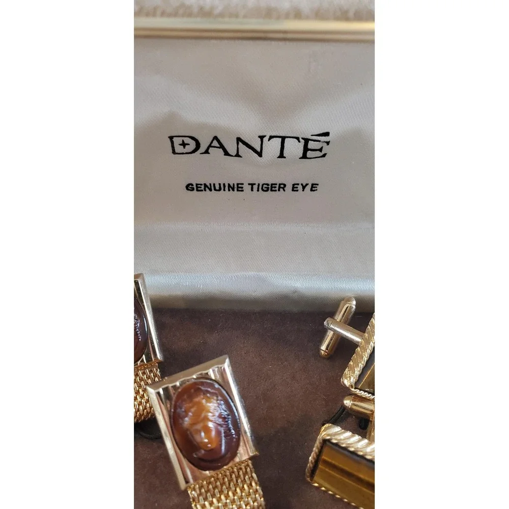 Vintage Dante Genuine Tiger Eye Mens‎ Cufflinks Set Mesh Wrap Gold Tone Boxed
